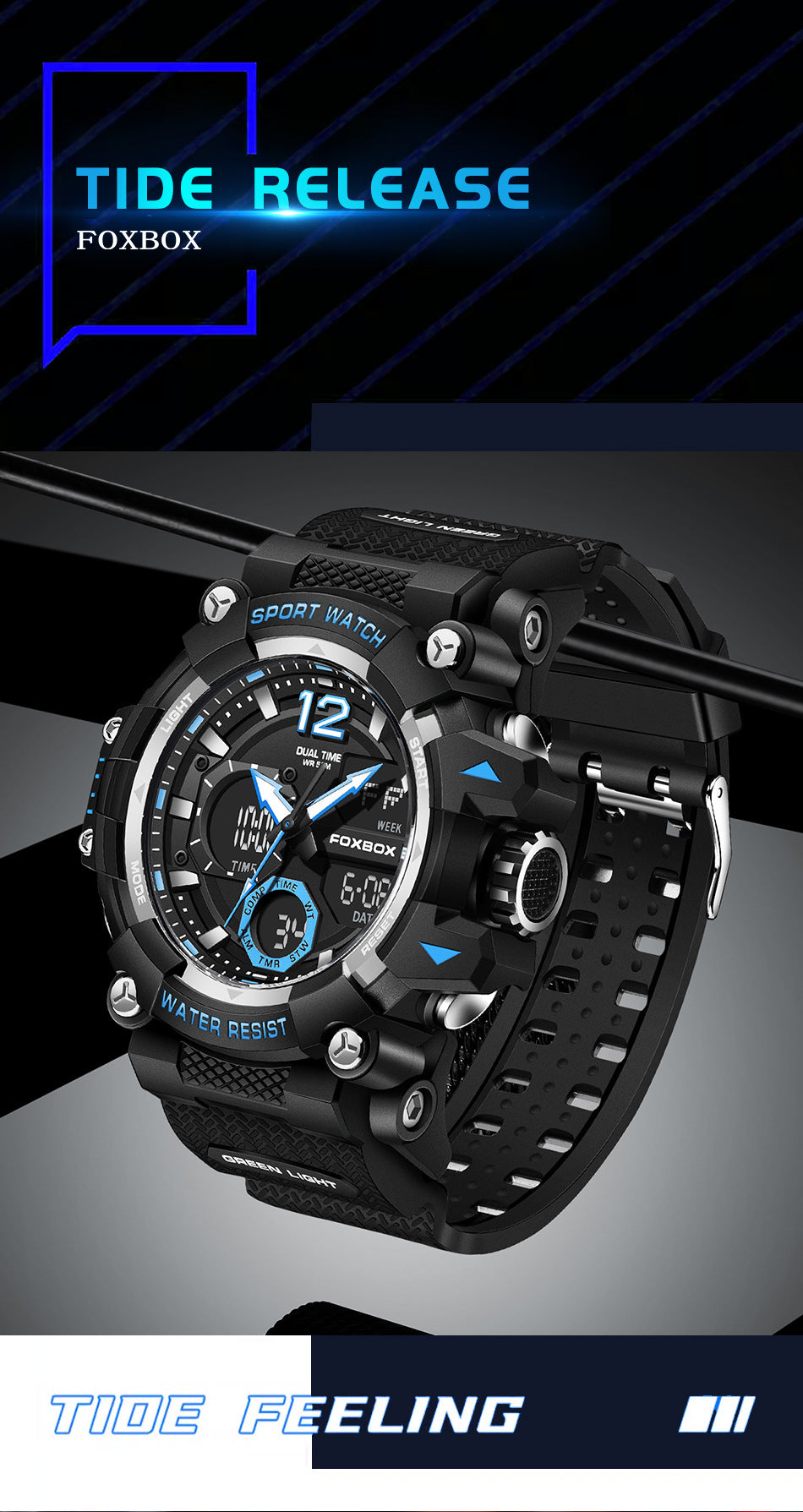 side view of men's dual display sport watch