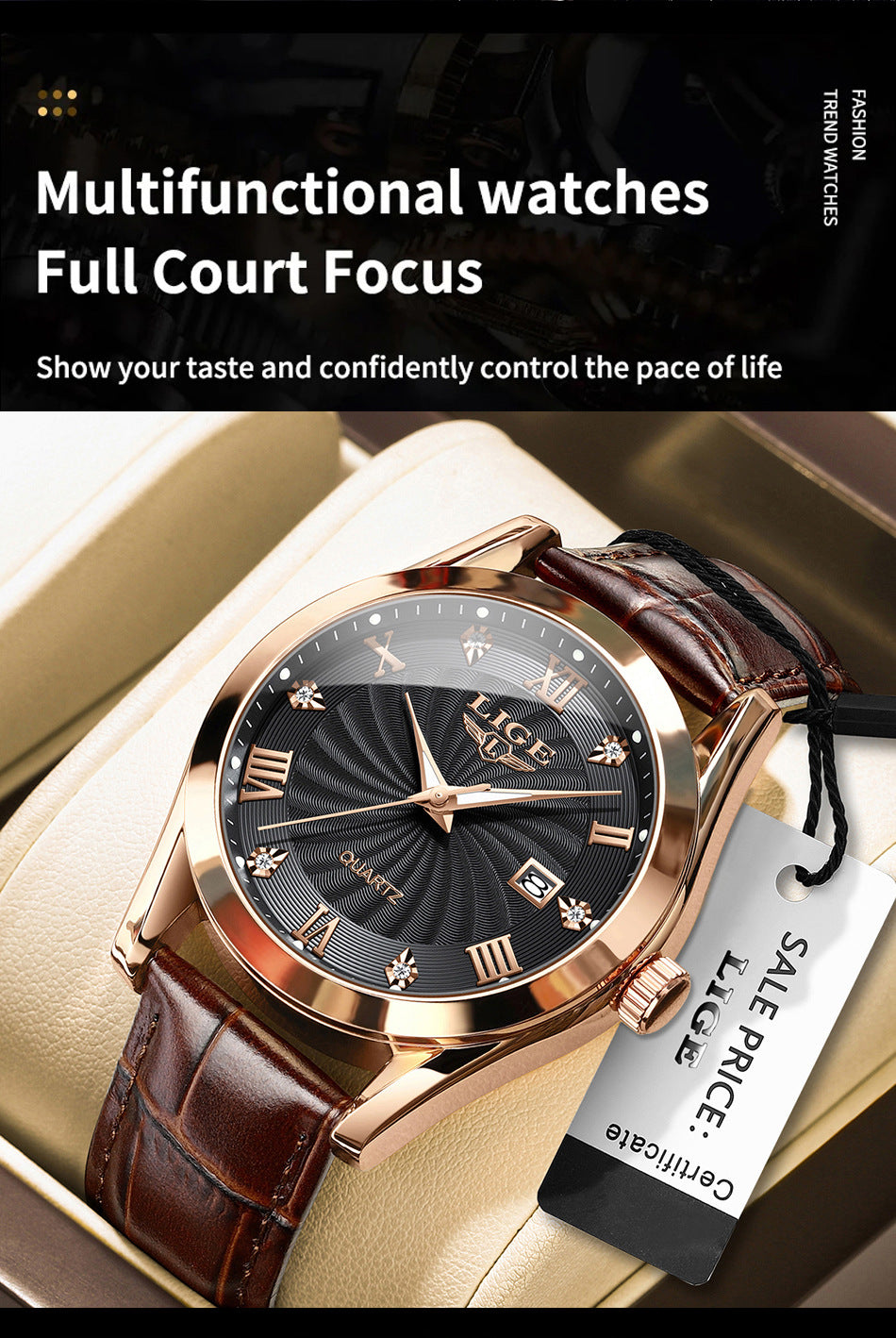 Men's stylish watch with leather strap