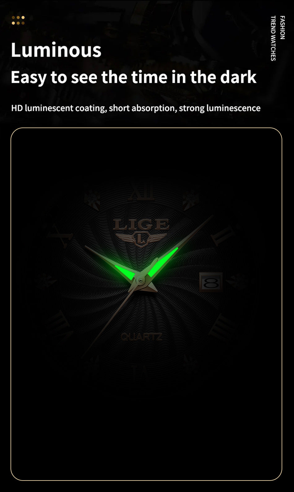 Water resistant men's watch in angled view