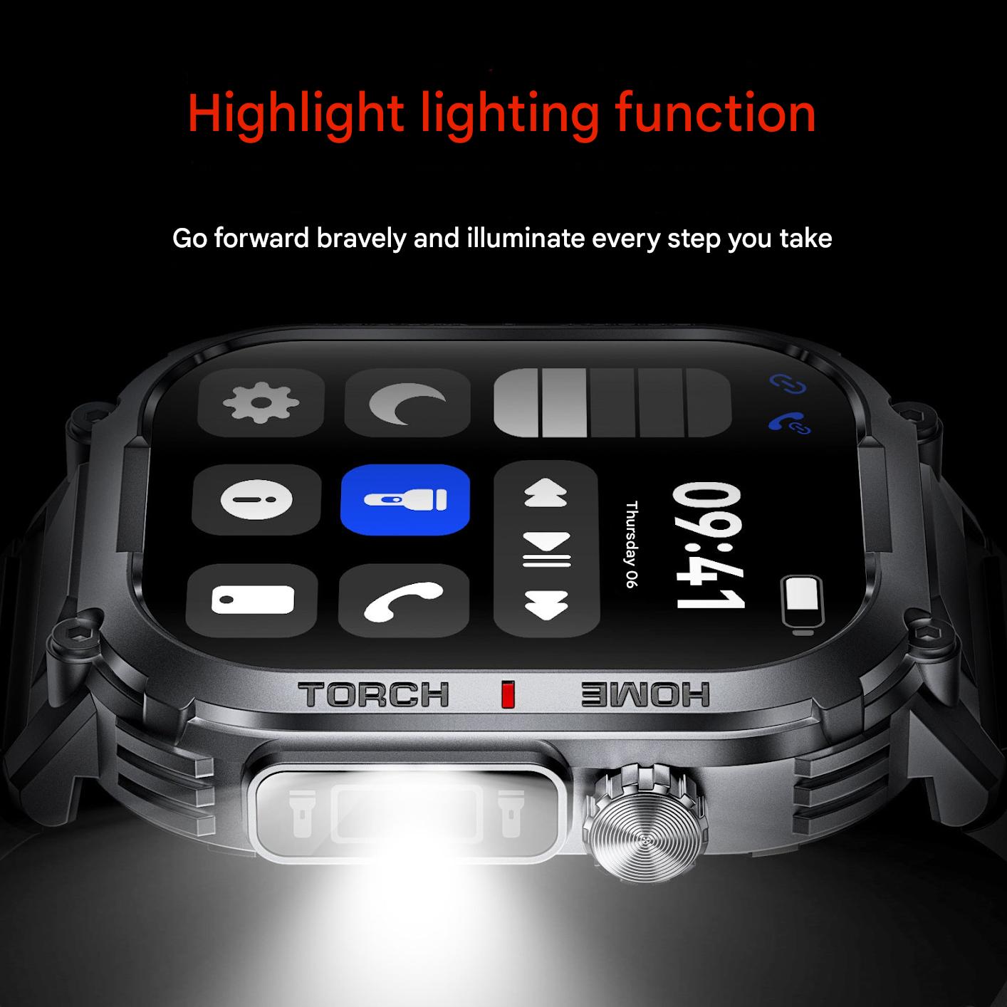 Smart Bluetooth LED Flashlight Watch with features highlighted