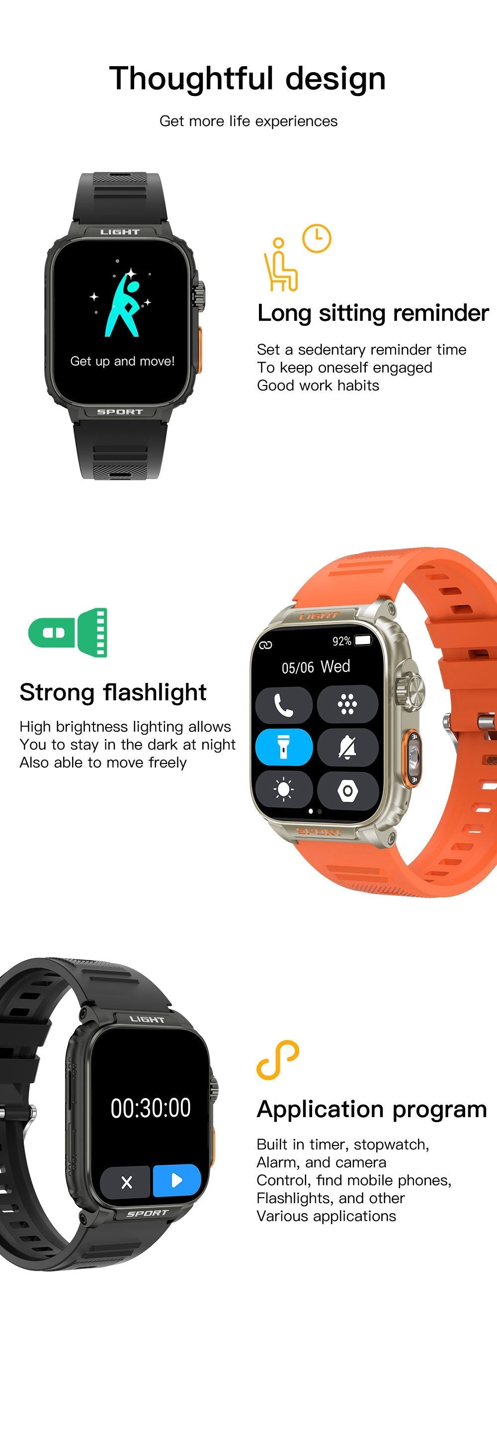 LIGE smartwatch display screen highlighting functions