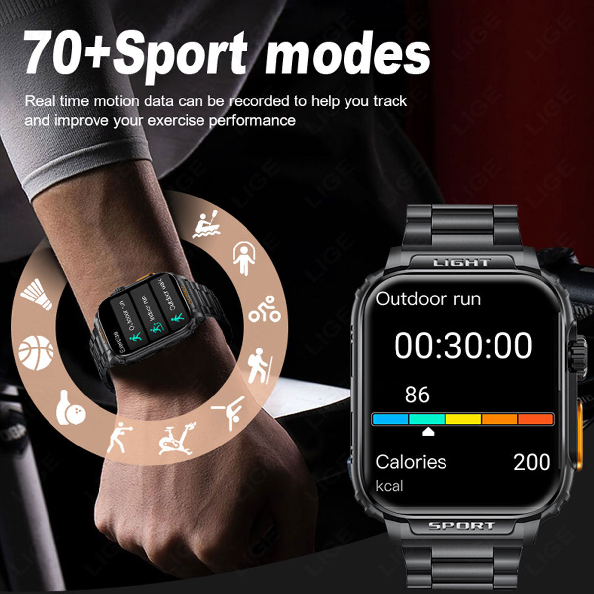 LIGE smart watch in stylish black colour