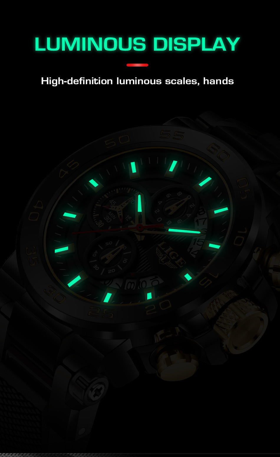 LIGE stylish watch with luminous dial and calendar function