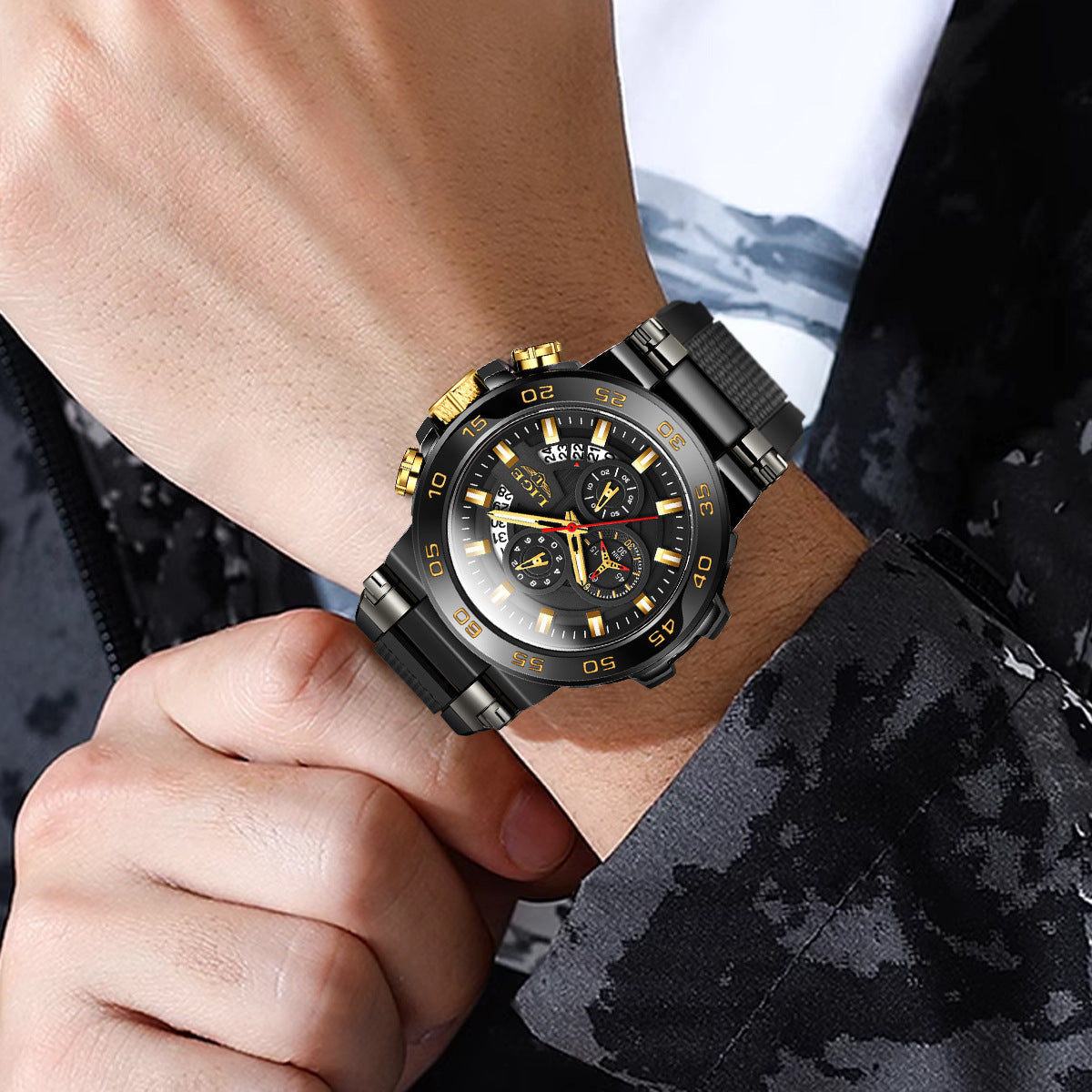 Side profile of LIGE quartz watch showing features