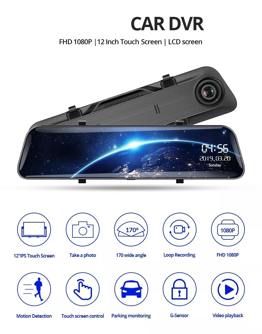 Front view of 12-inch 4K rearview mirror dash cam