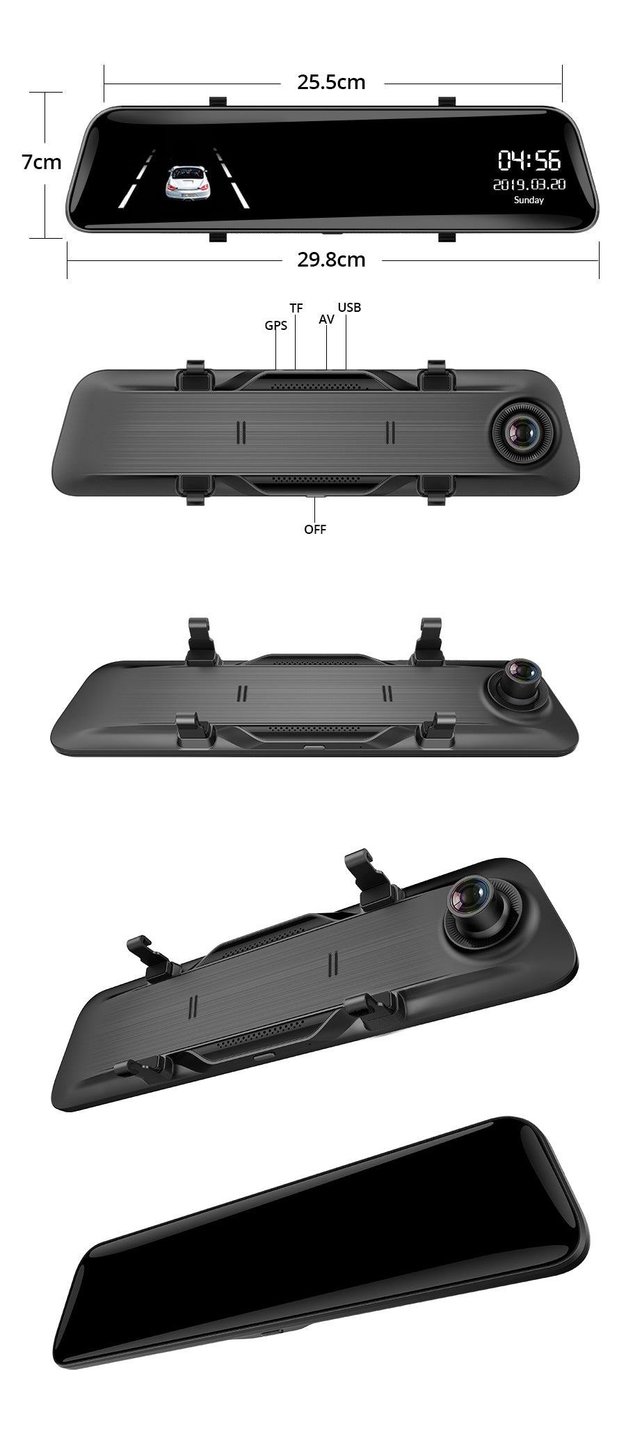 Side view of dash cam mounted on mirror