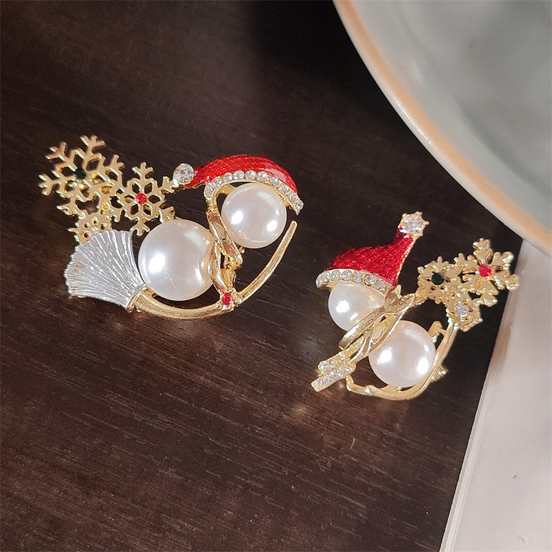 Snowman brooch worn on a jacket