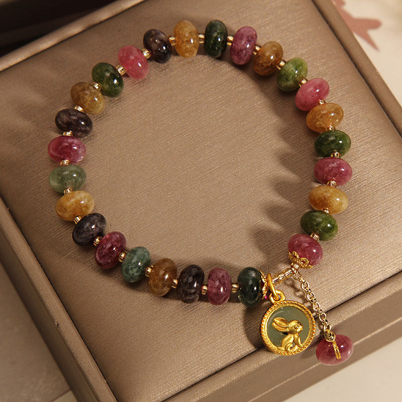 Charming multicoloured tourmaline bracelet with rabbit pendant