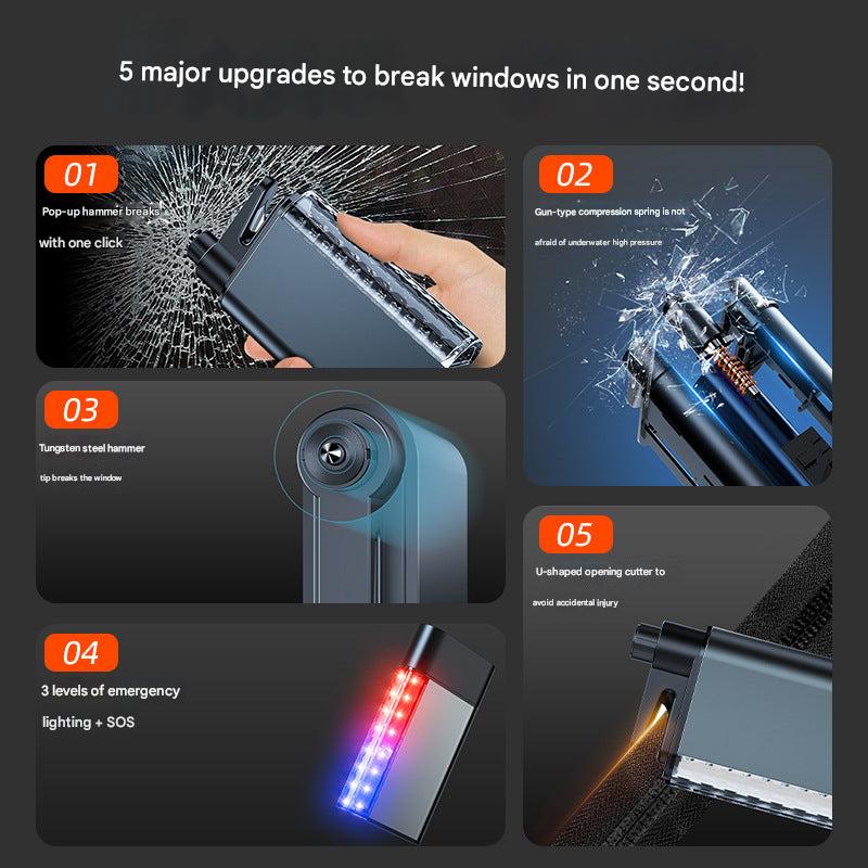 Close up of multifunctional car escape tool