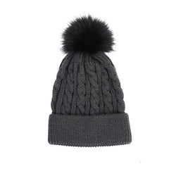 Cozy knit beanie hat in beige with pom pom