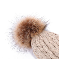 Cozy knit beanie hat in beige with pom pom
