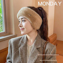 Cozy ear warmer beanie in snowy winter background