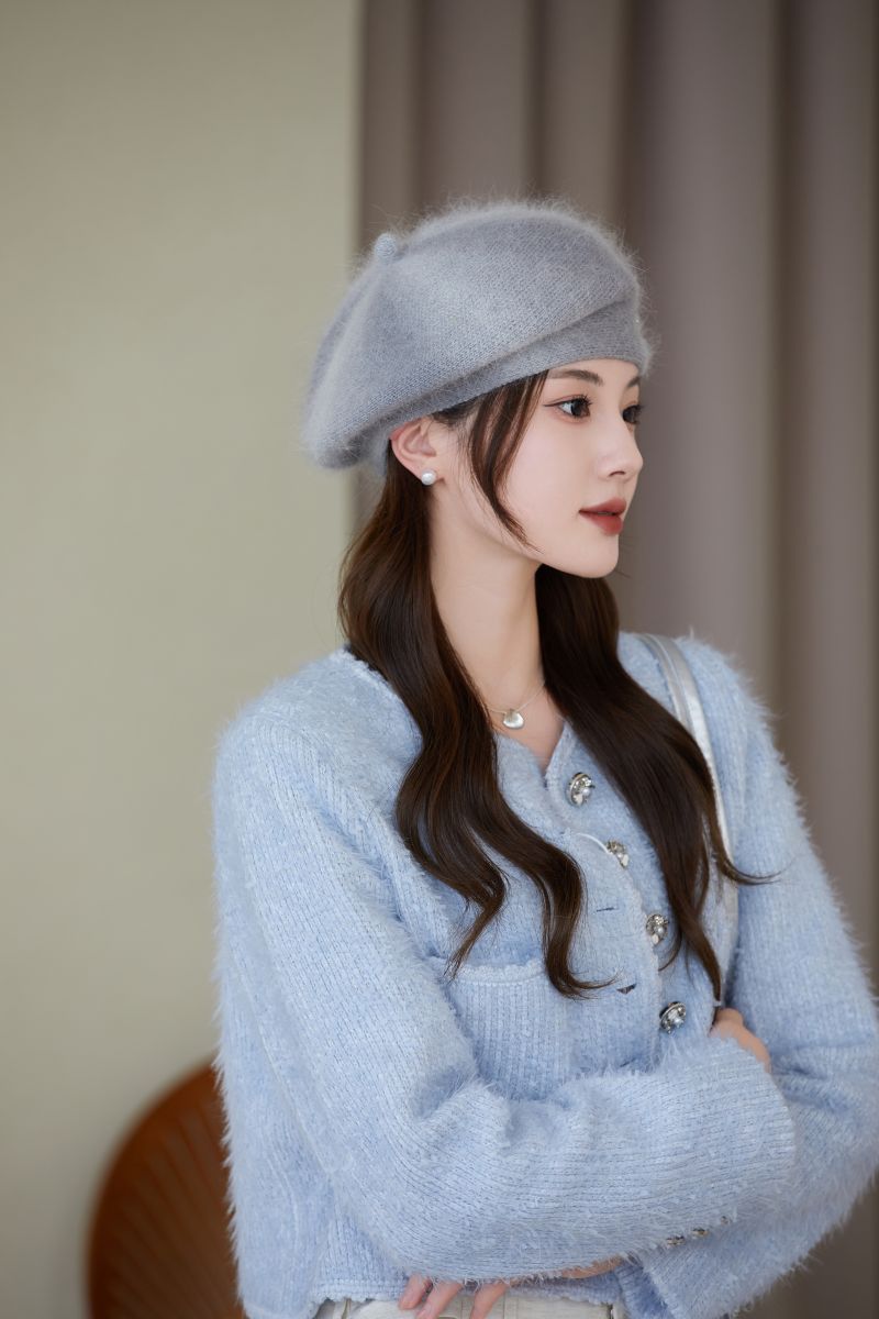 Rabbit fur beret hat close-up view showcasing its elegance