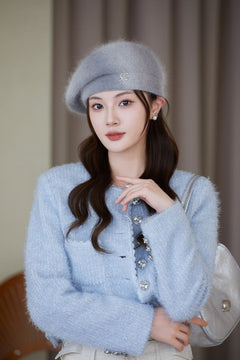 Elegant rabbit fur beret hat for women in black colour