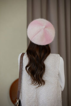 Rabbit fur beret hat close-up view showcasing its elegance