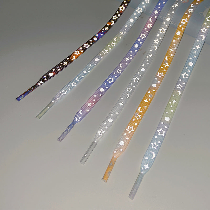 Close-up of black-blue reflective galaxy shoelaces
