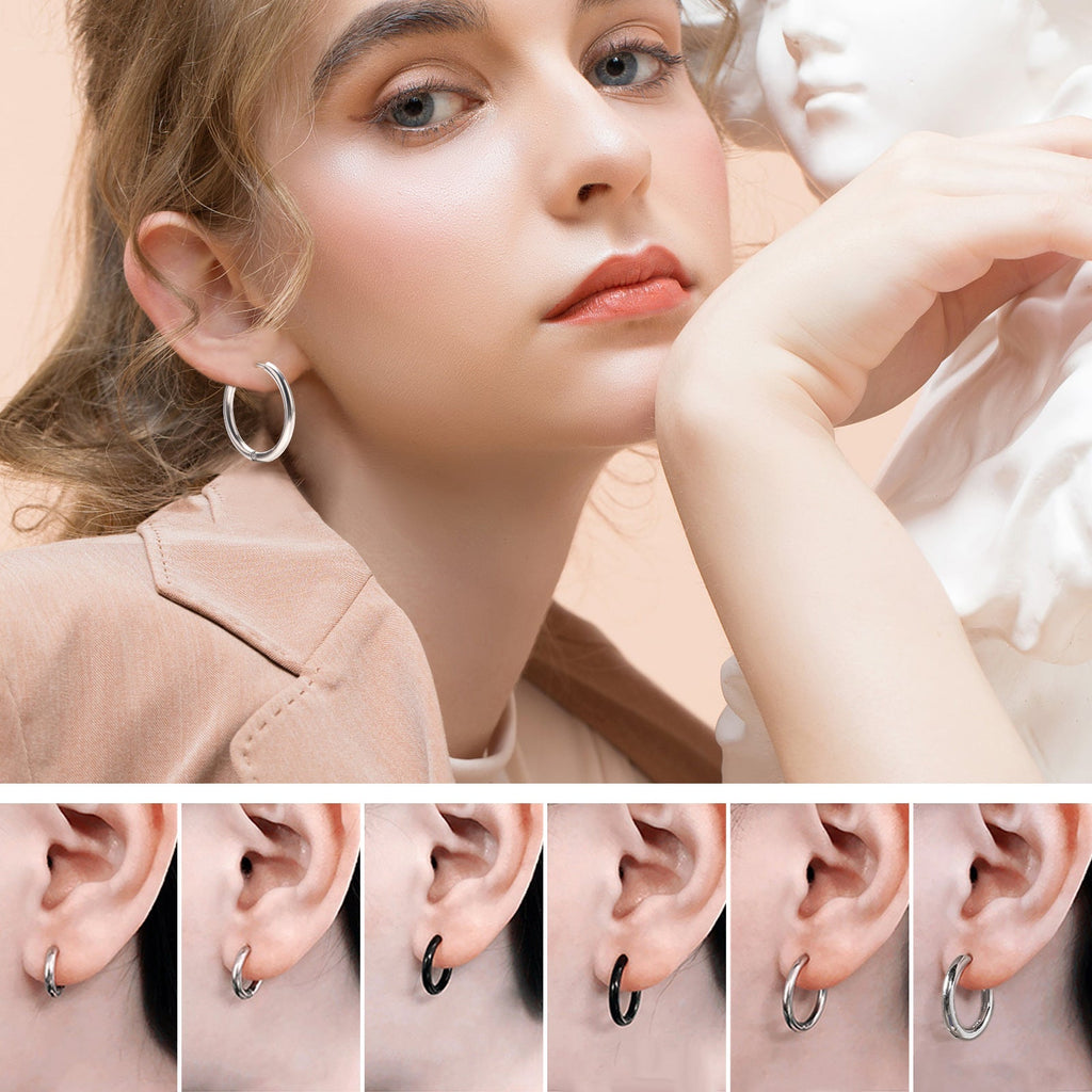 Close-up of heart shaped hoop earrings crafted from stainless steel