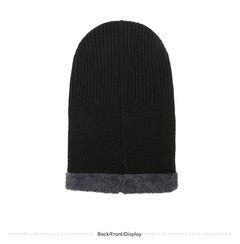 Outdoor model wearing a black winter beanie