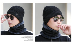 Men wearing winter warm accessories in outdoor setting