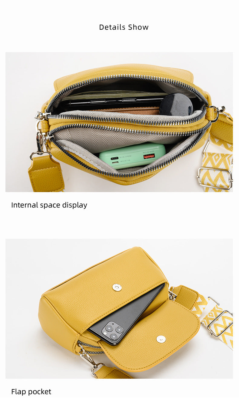 Inside view of women's shoulder bag with compartments
