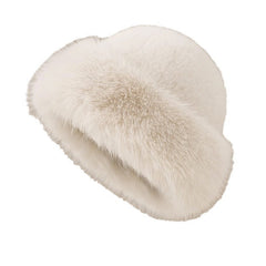 Beige winter beanie for women with faux rabbit fur