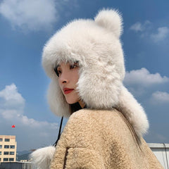 Cute plush winter hat with bear ears detail shot