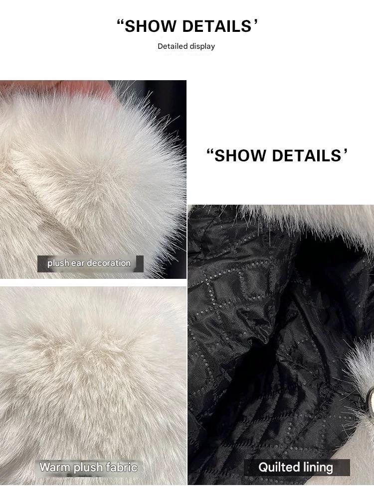 Cute plush winter hat with bear ears fabric close-up