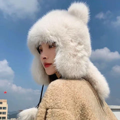 Cute plush winter hat with bear ears side view