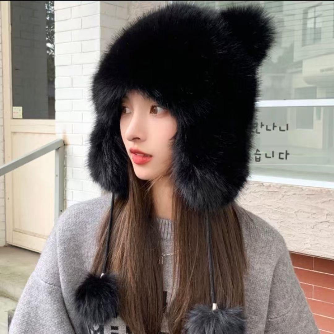 Cute plush winter hat with bear ears detail shot