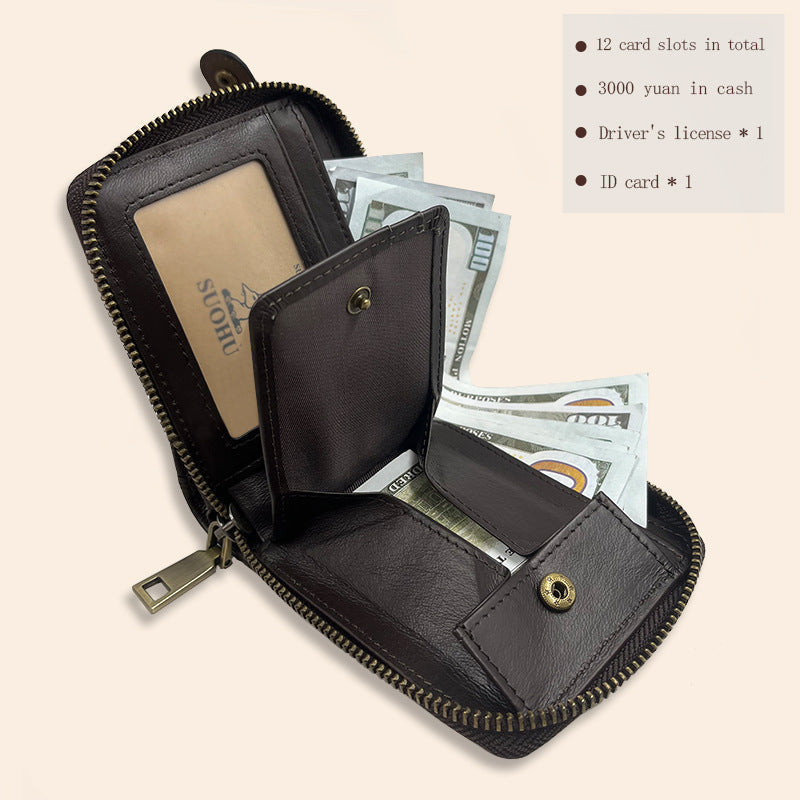 Close-up of dark coffee leather wallet with zipper closure