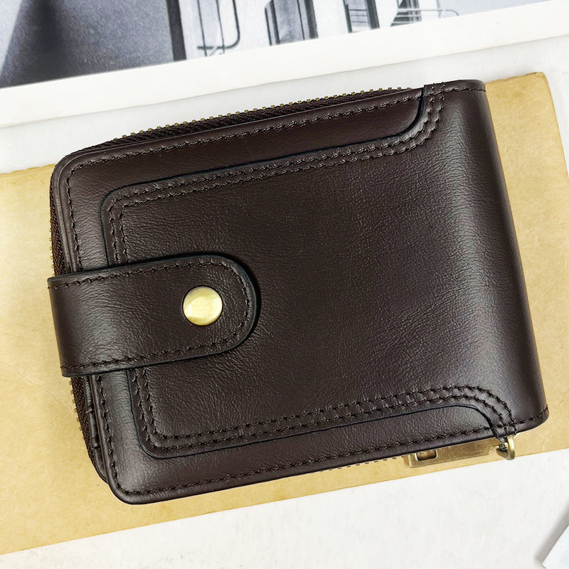 Zipper closure of men's wallet with detailed stitching