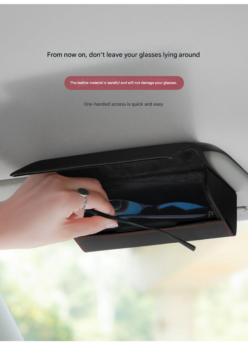 Interior view of car sunglasses holder with documents