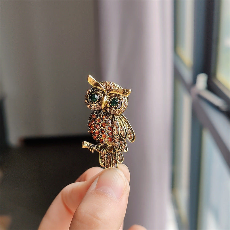 Stylish Owl Brooch Close-up with Crystals