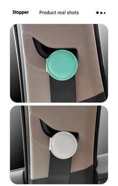 Black adjustable car seat belt clip on display