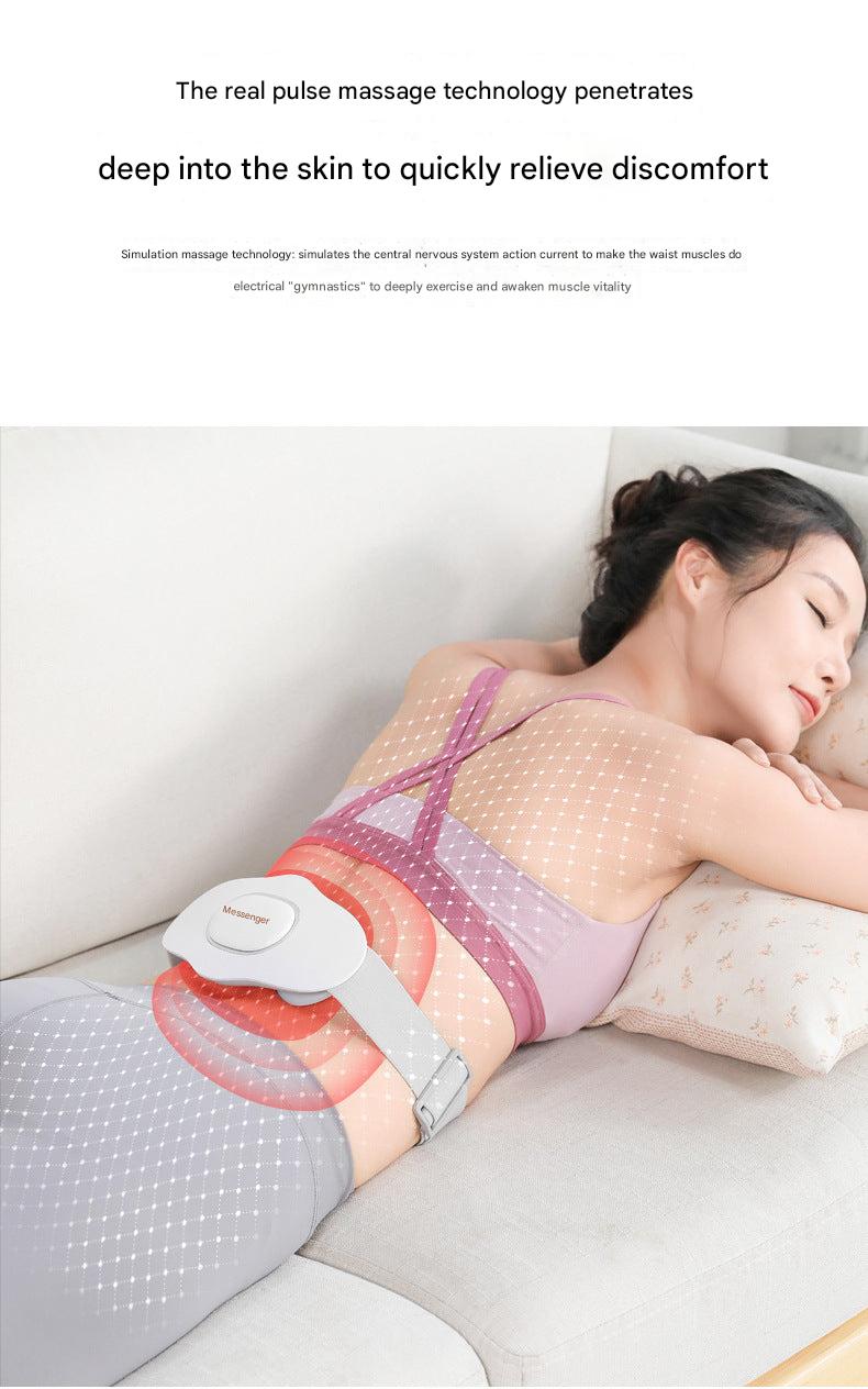 Portable heated massage belt displayed on a chair