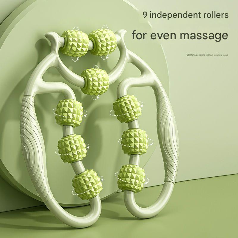 User using leg massager on yoga mat