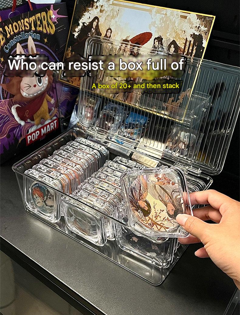 collection of badges in acrylic organiser