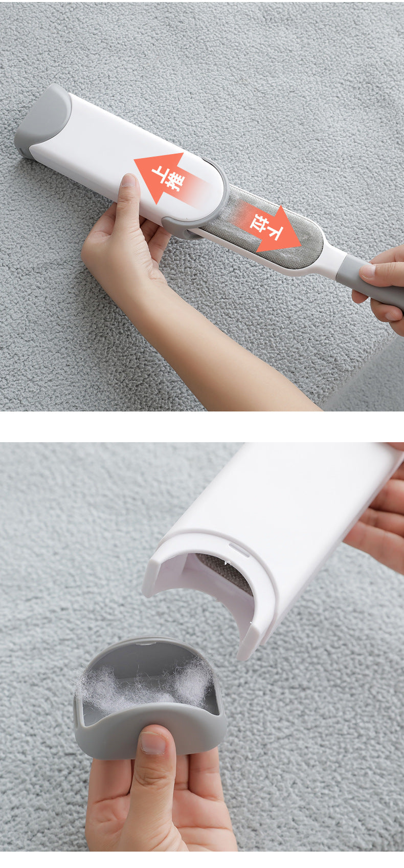 Double-sided brush capturing fur from a dog's coat