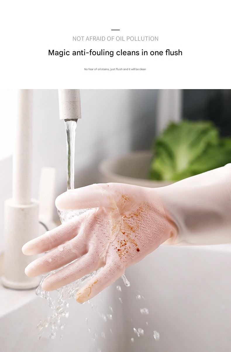 Hands wearing waterproof latex gloves while washing dishes