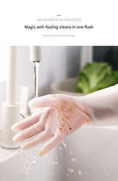 Hands wearing waterproof latex gloves while washing dishes