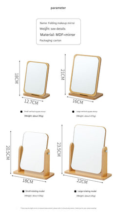 Close-up of foldable wooden makeup mirror with glass surface
