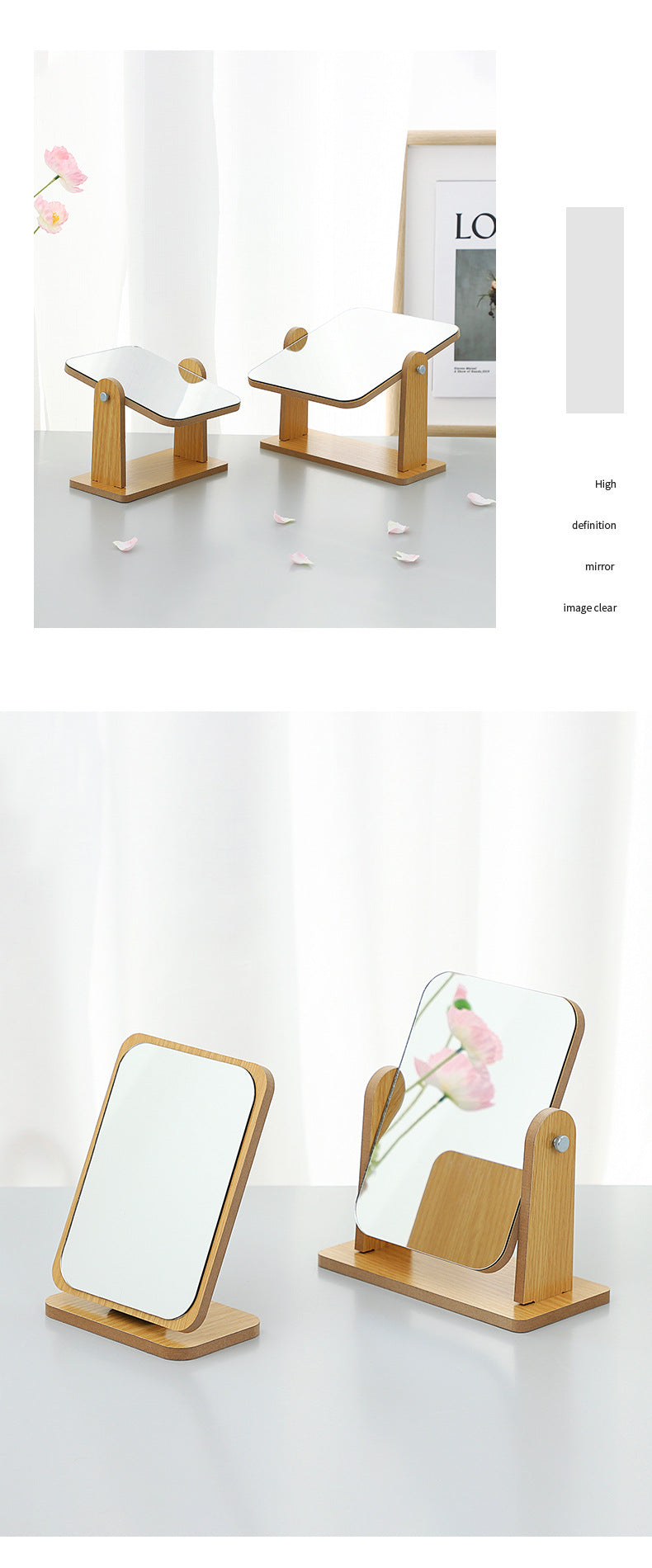 Close-up of foldable wooden makeup mirror with glass surface