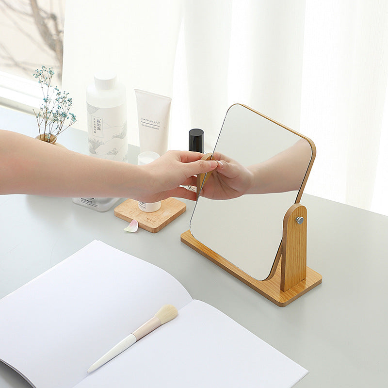 Side view of compact wooden makeup mirror for students