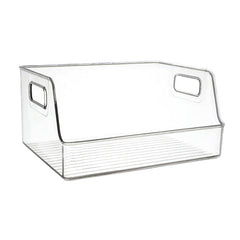Organised workspace with clear storage bins