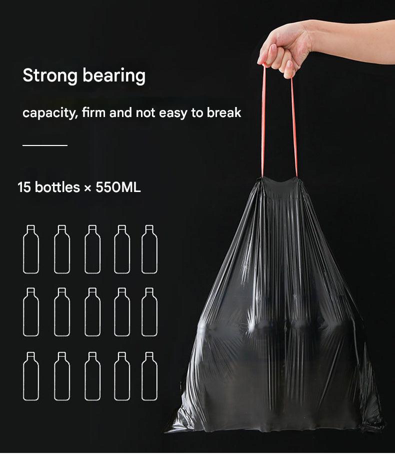 Drawstring trash bag in use