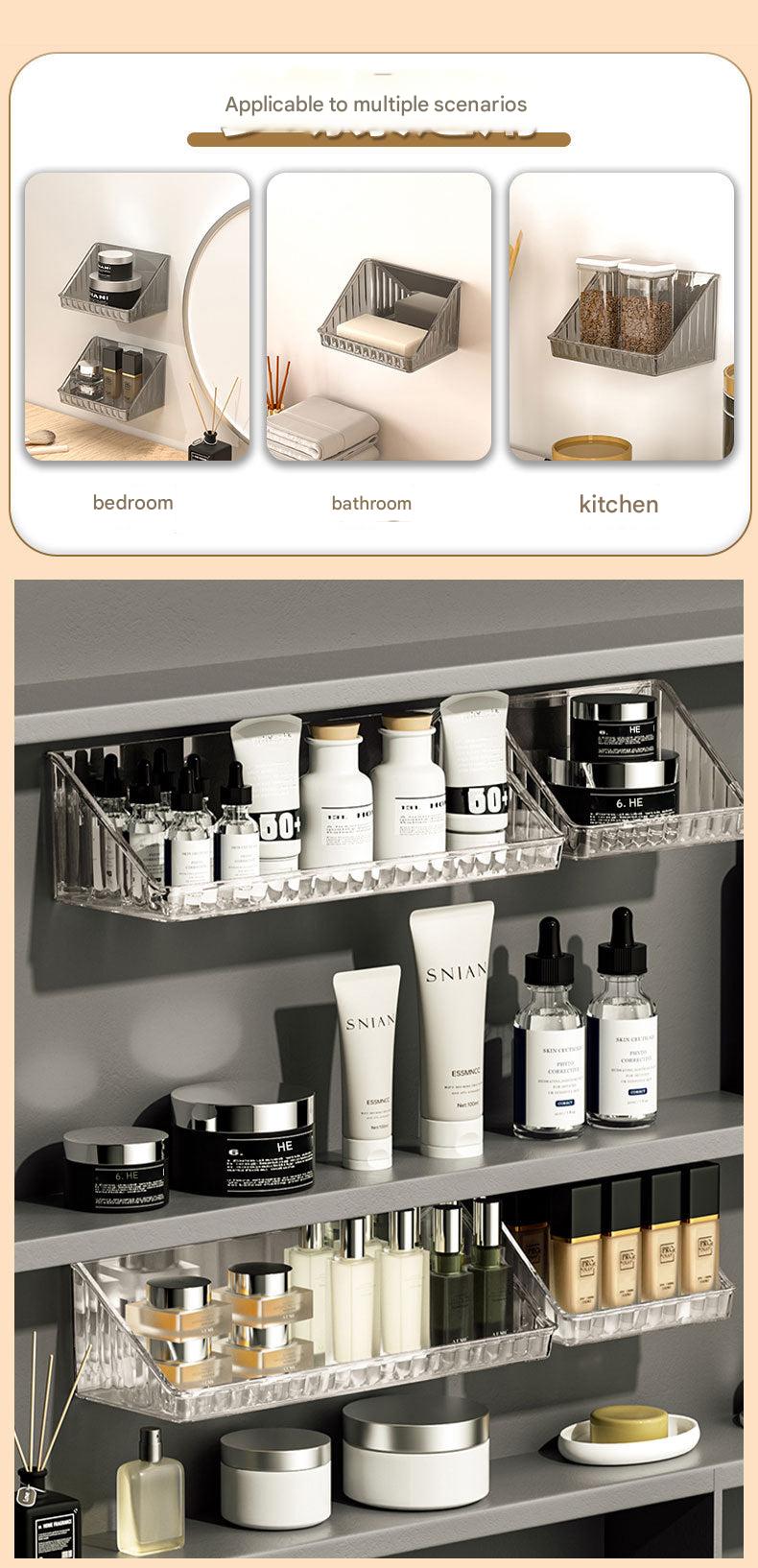 Aesthetic bathroom storage with makeup essentials