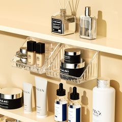 Close-up of makeup storage in wall-mounted cabinet