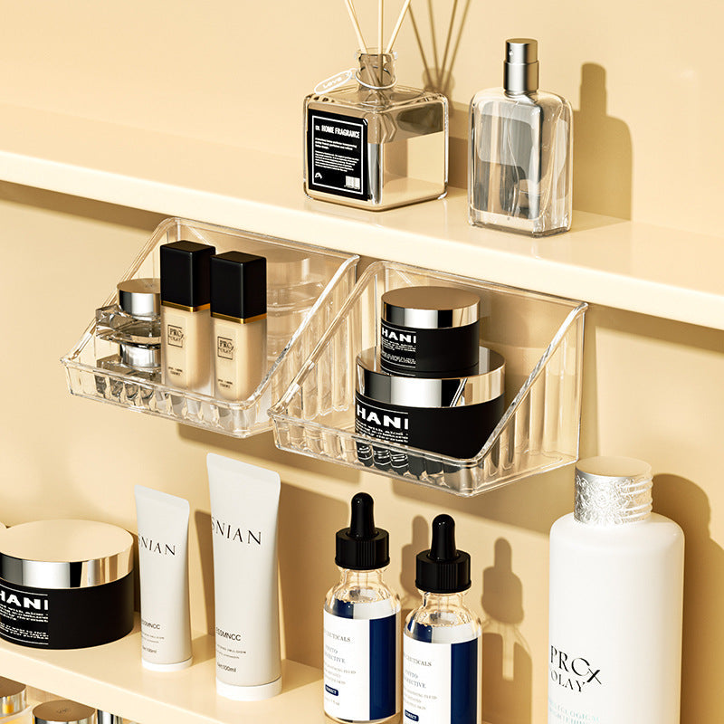 Close-up of makeup storage in wall-mounted cabinet