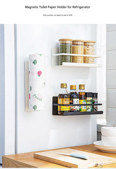 Carbon steel fridge storage rack on kitchen wall