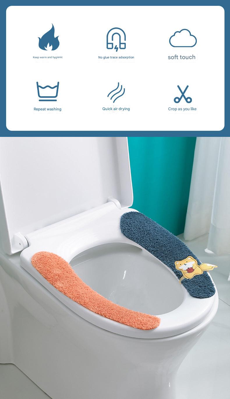 blue plush toilet seat cover on a toilet